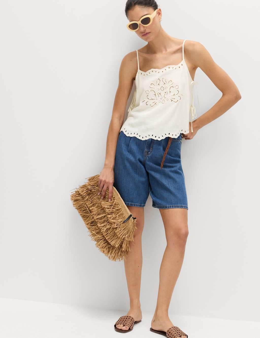 Marks & Spencer M&S Broderie Tie Side Cami Top with Linen Ivory - 4