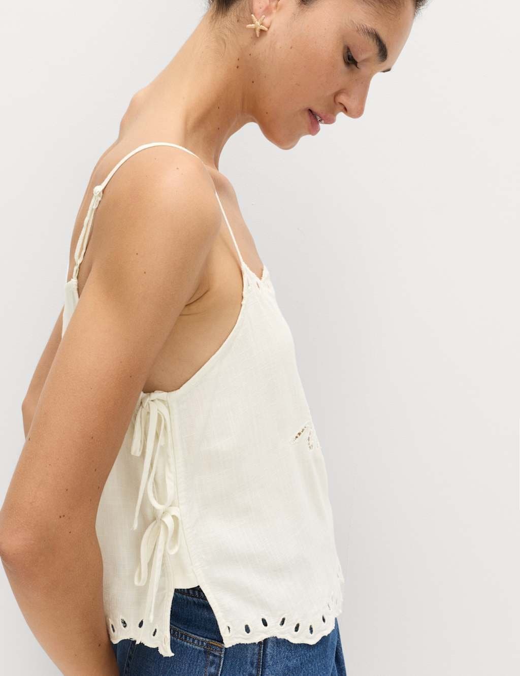 Marks & Spencer M&S Broderie Tie Side Cami Top with Linen Ivory - 5