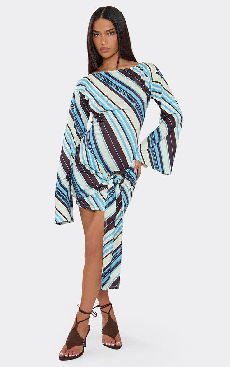 EGO Long Flared Sleeve Trim Detail Draped Front Mini Dress In Blue Stripe, Women's Size UK 6 - 2