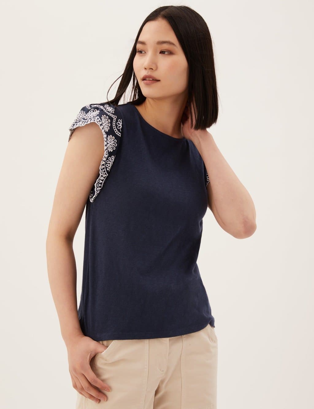 Marks & Spencer M&S Pure Cotton Embroidered Sleeveless Vest Navy - 2