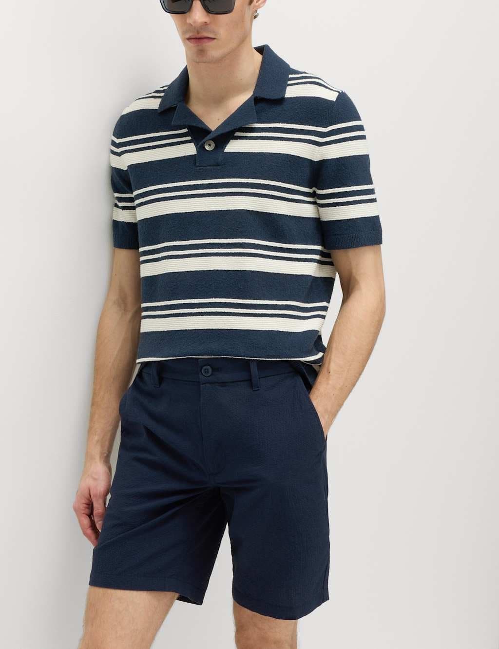 Marks & Spencer M&S Half-Elasticated Waist Seersucker Chino Shorts Navy