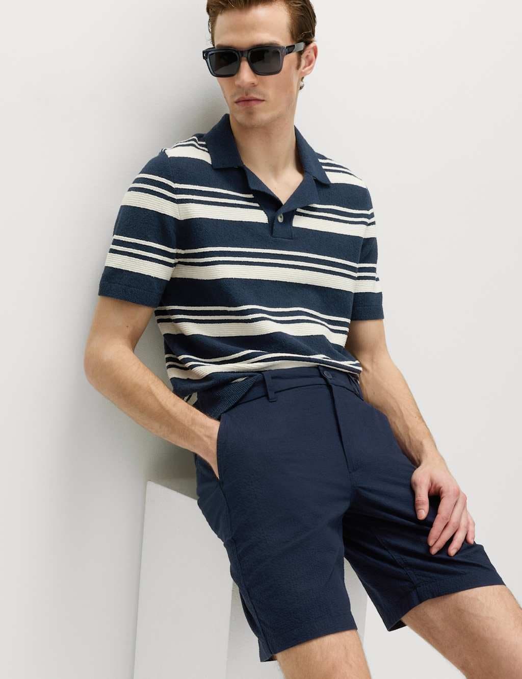 Marks & Spencer M&S Half-Elasticated Waist Seersucker Chino Shorts Navy - 5