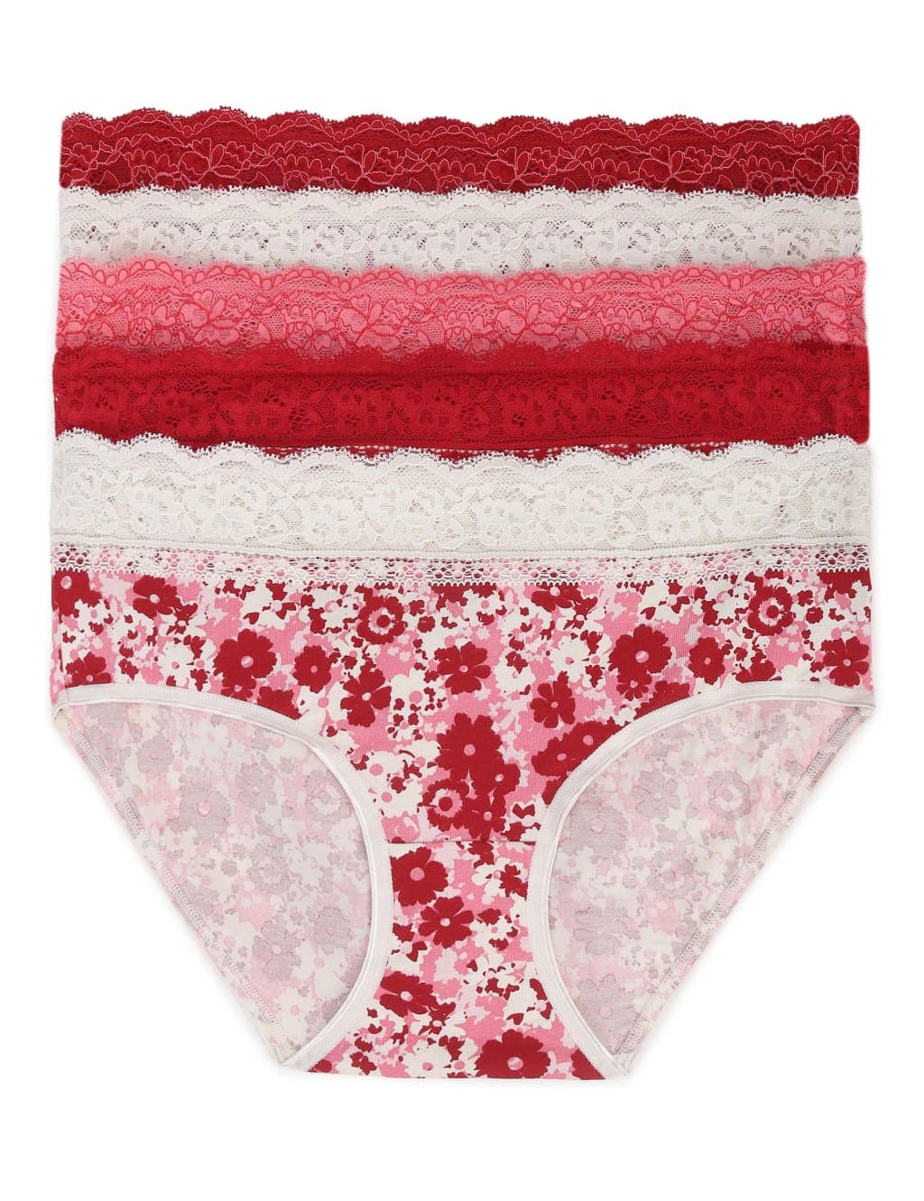 Marks & Spencer M&S 5Pk Lace Waist Midi Floral Knickers Red Mix
