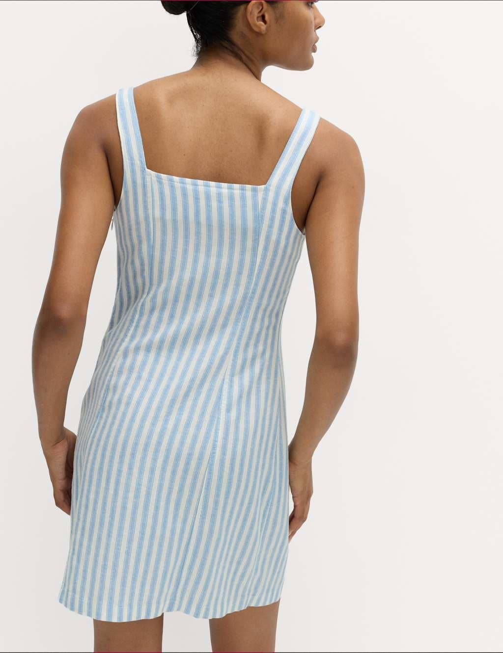 Marks & Spencer M&S Linen Rich Striped Mini Shift Dress Blue Mix - 2