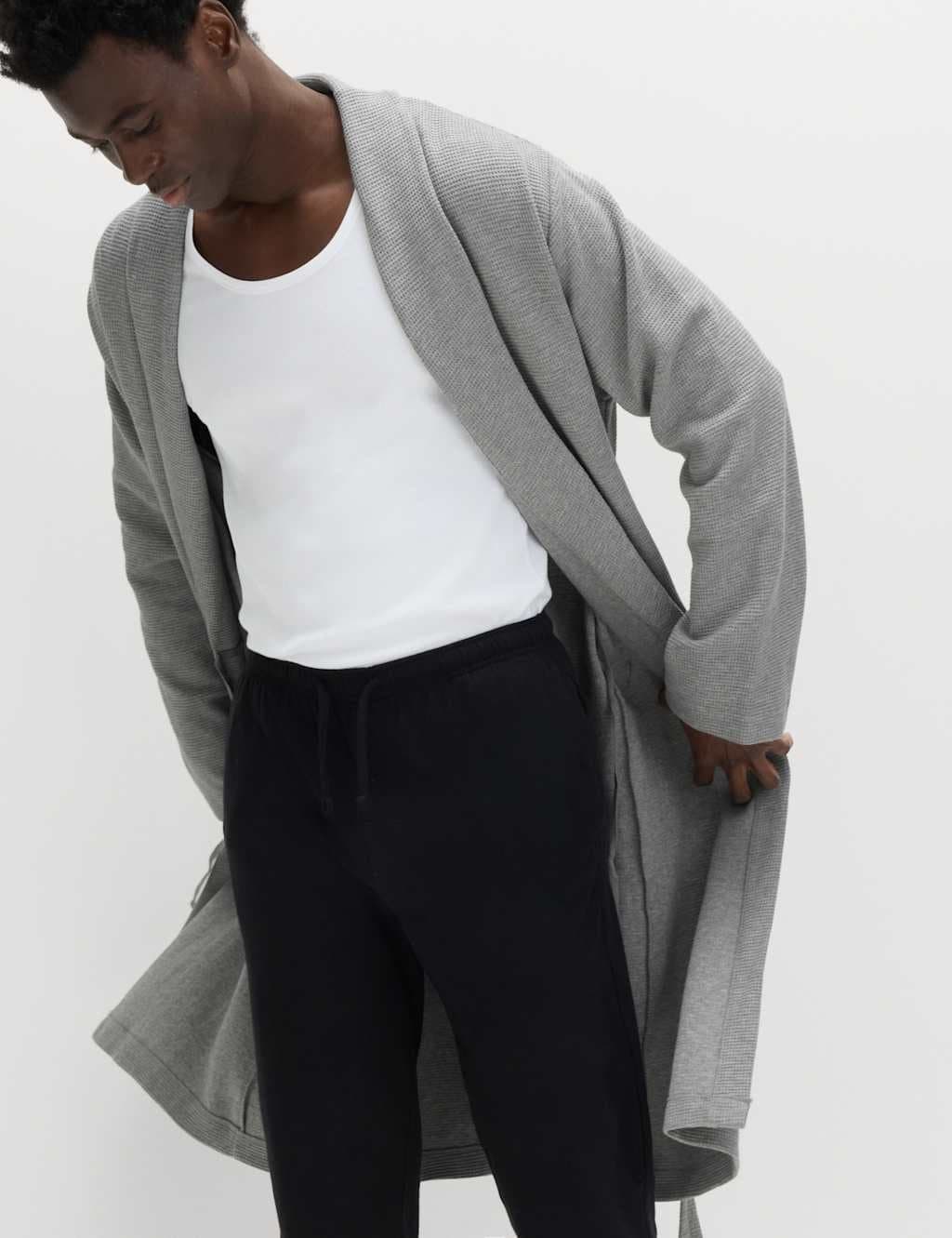 Marks & Spencer M&S Pure Cotton Waffle Lightweight Dressing Gown Grey Mix - 3