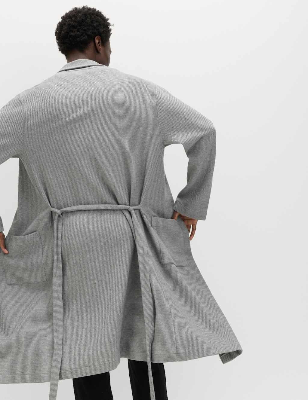 Marks & Spencer M&S Pure Cotton Waffle Lightweight Dressing Gown Grey Mix - 4