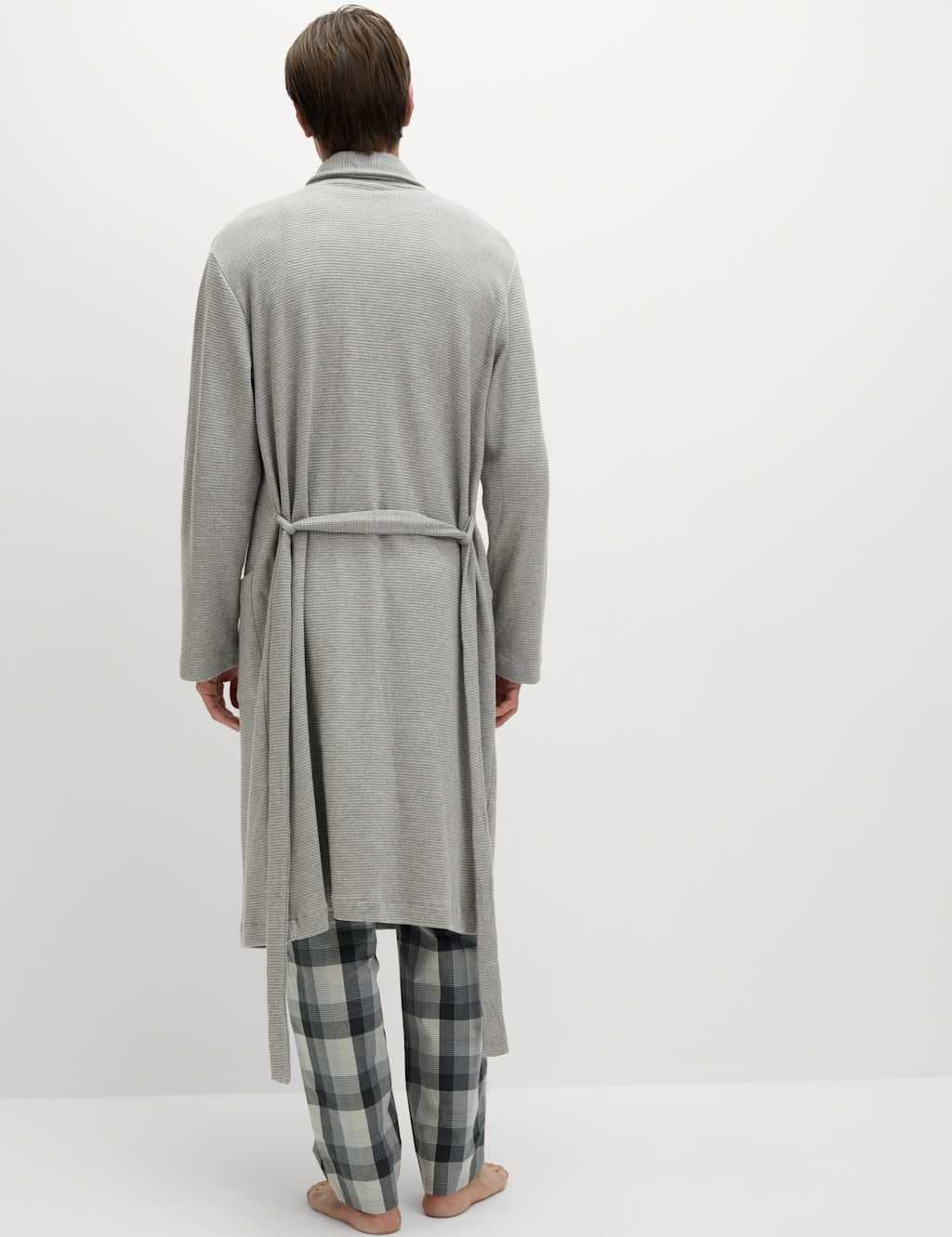 Marks & Spencer M&S Pure Cotton Waffle Lightweight Dressing Gown Grey Mix - 5