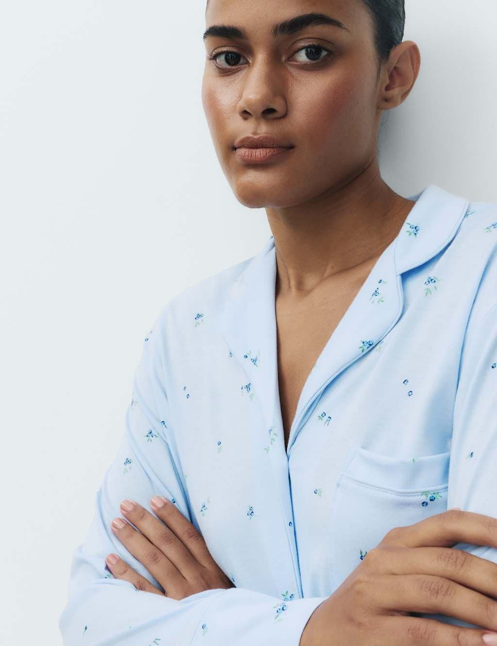 Marks & Spencer M&S Cotton Modal Printed Revere Pyjama Set Blue Mix - 3