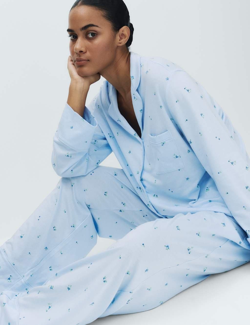 Marks & Spencer M&S Cotton Modal Printed Revere Pyjama Set Blue Mix - 5