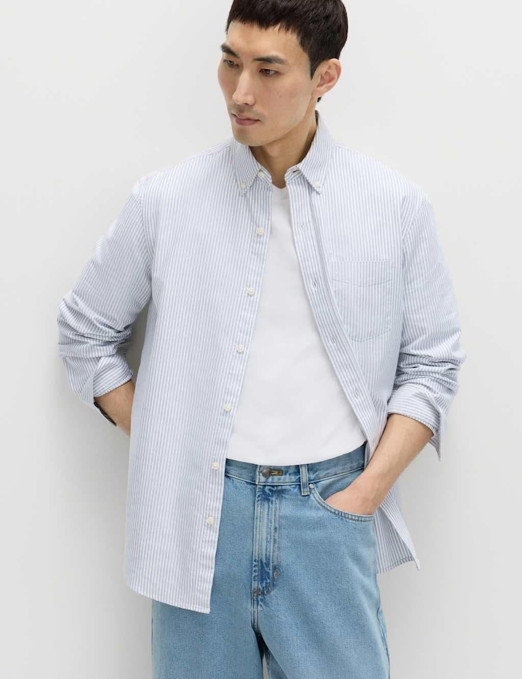 Marks & Spencer M&S Ultimate Pure Cotton Striped Oxford Shirt Blue Mix