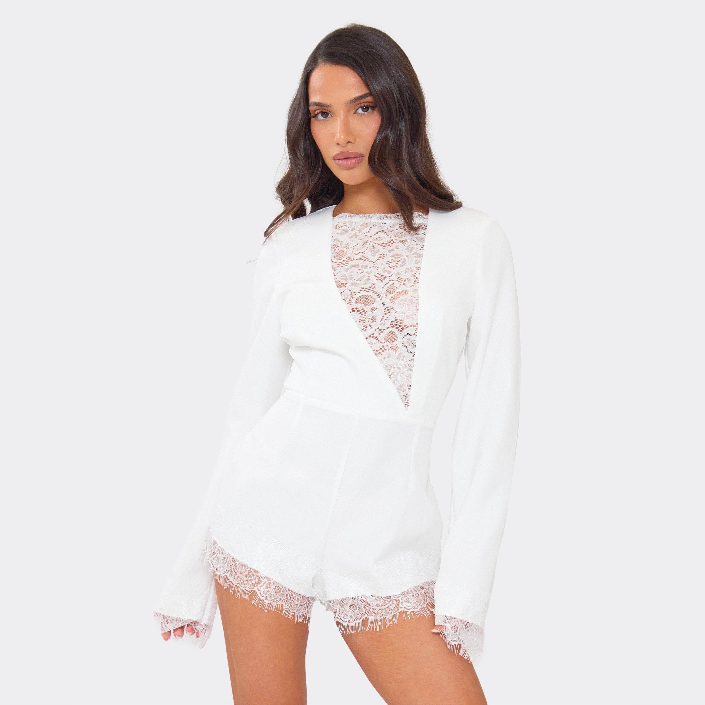 EGO Long Sleeve Plunge Lace Panel Detail Tailored Playsuit In White, Women's Size UK 6
