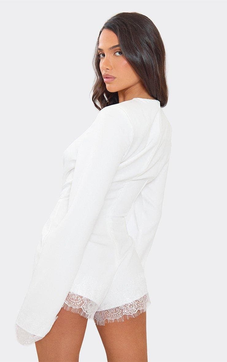 EGO Long Sleeve Plunge Lace Panel Detail Tailored Playsuit In White, Women's Size UK 6 - 2