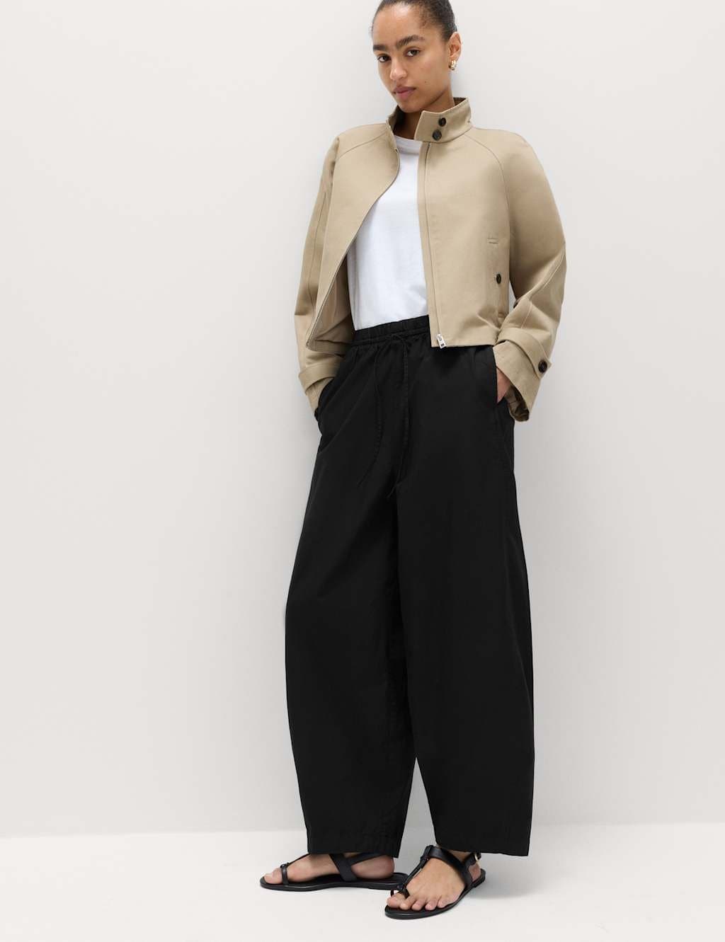 Marks & Spencer M&S Pure Cotton Drawstring Barrel Leg Ankle Grazer Trousers Black