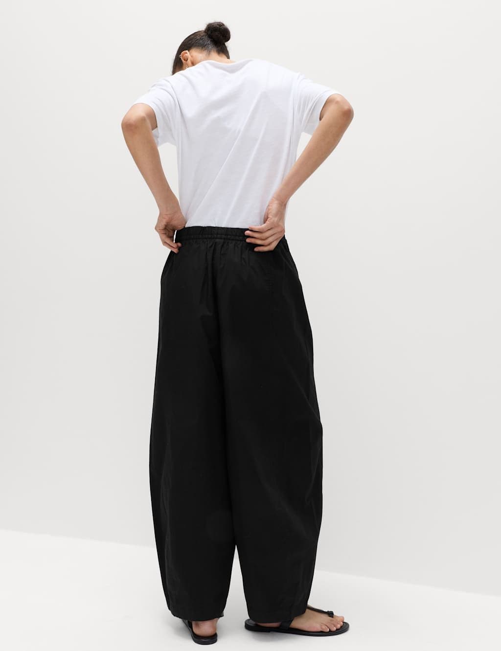 Marks & Spencer M&S Pure Cotton Drawstring Barrel Leg Ankle Grazer Trousers Black - 3