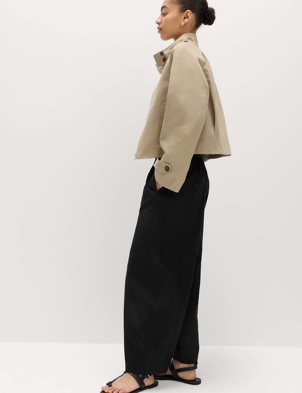 Marks & Spencer M&S Pure Cotton Drawstring Barrel Leg Ankle Grazer Trousers Black - 4