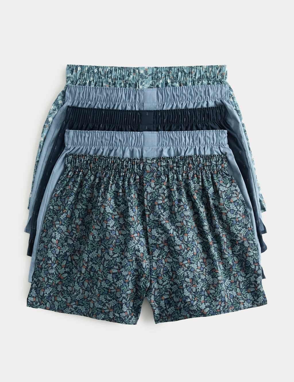 Marks & Spencer M&S 5 Pack Cotton StayNew™ Floral Woven Boxers Blue Mix