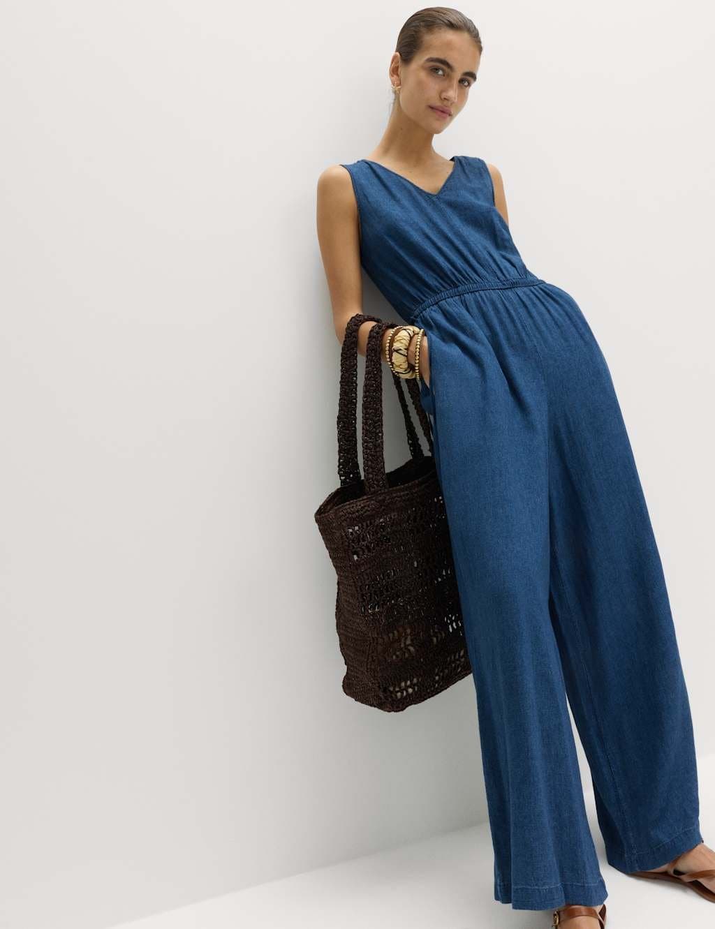 Marks & Spencer M&S Linen Rich Tie Detail Jumpsuit Indigo