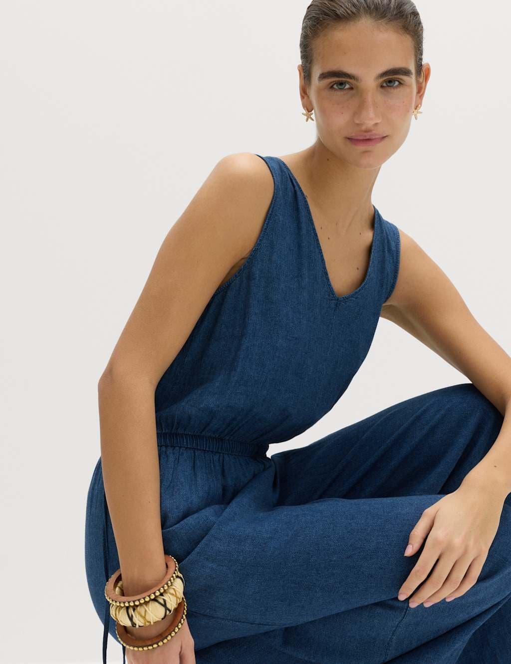 Marks & Spencer M&S Linen Rich Tie Detail Jumpsuit Indigo - 2