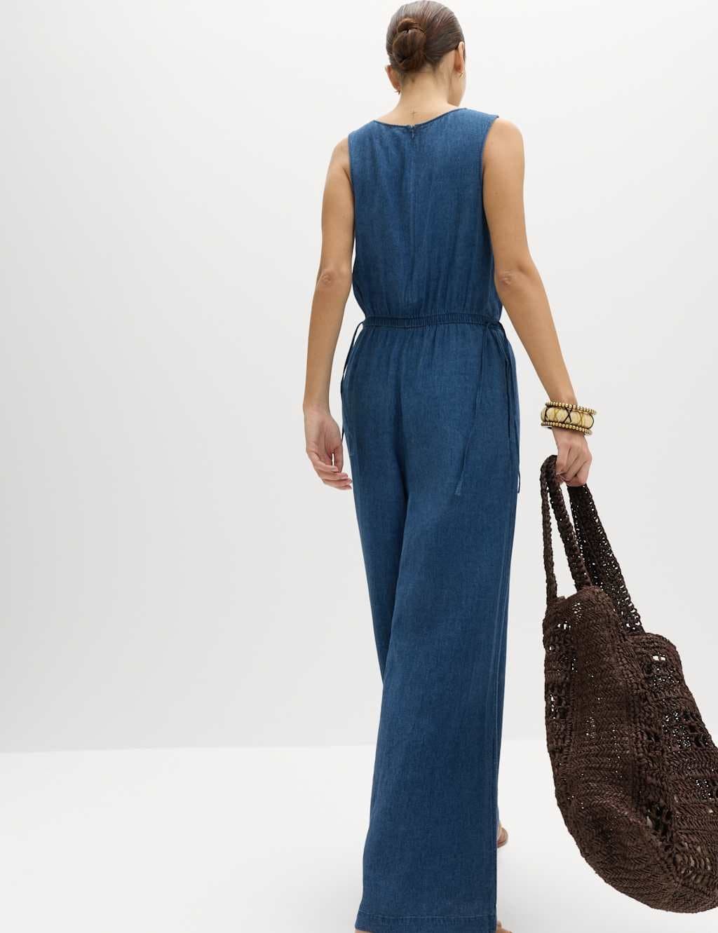 Marks & Spencer M&S Linen Rich Tie Detail Jumpsuit Indigo - 3