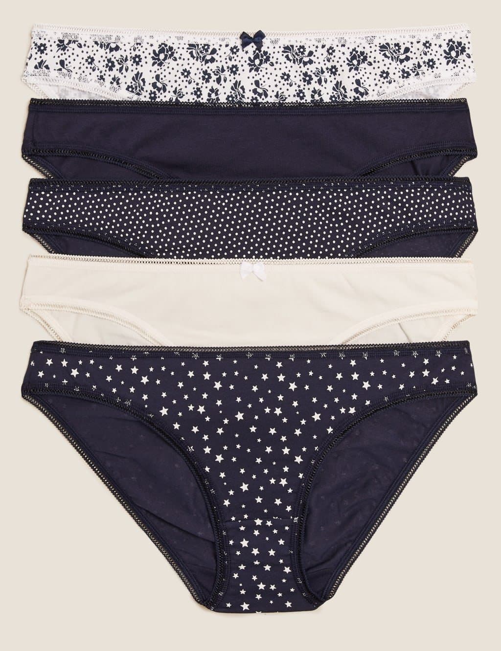 Marks & Spencer M&S 5pk Cotton Lycra® Printed Bikini Knickers Navy Mix