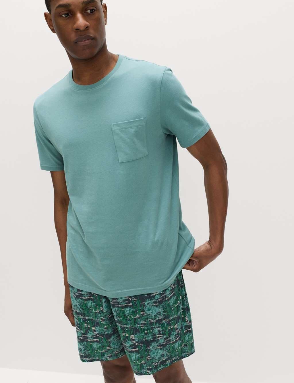 Marks & Spencer M&S Pure Cotton Cactus Print Pyjama Set Teal Mix - 4