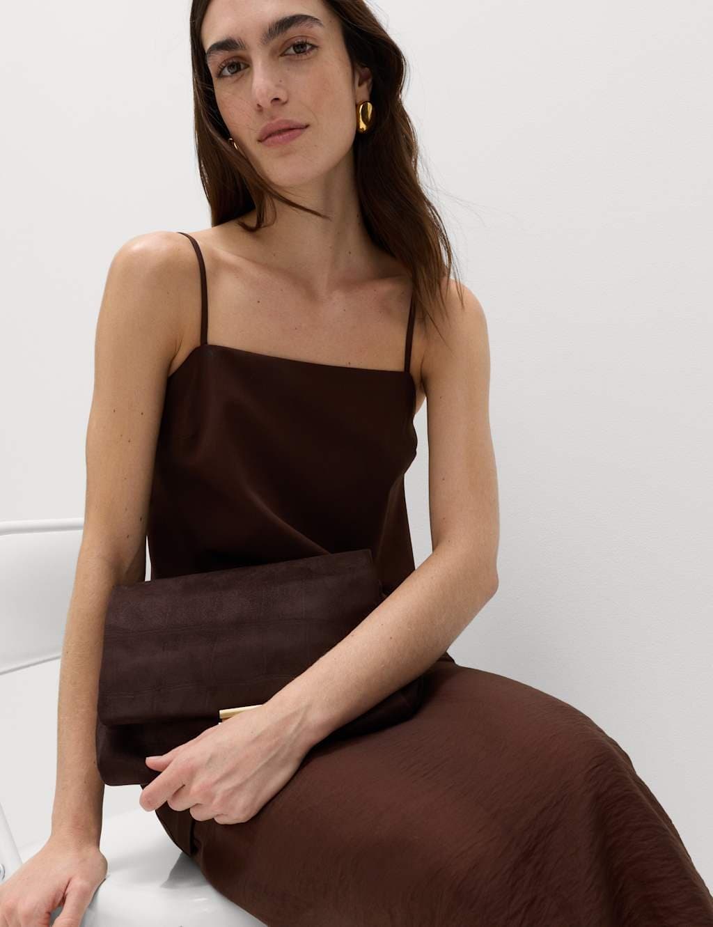 Marks & Spencer M&S Strappy Midi Drop Waist Column Dress Chocolate - 5