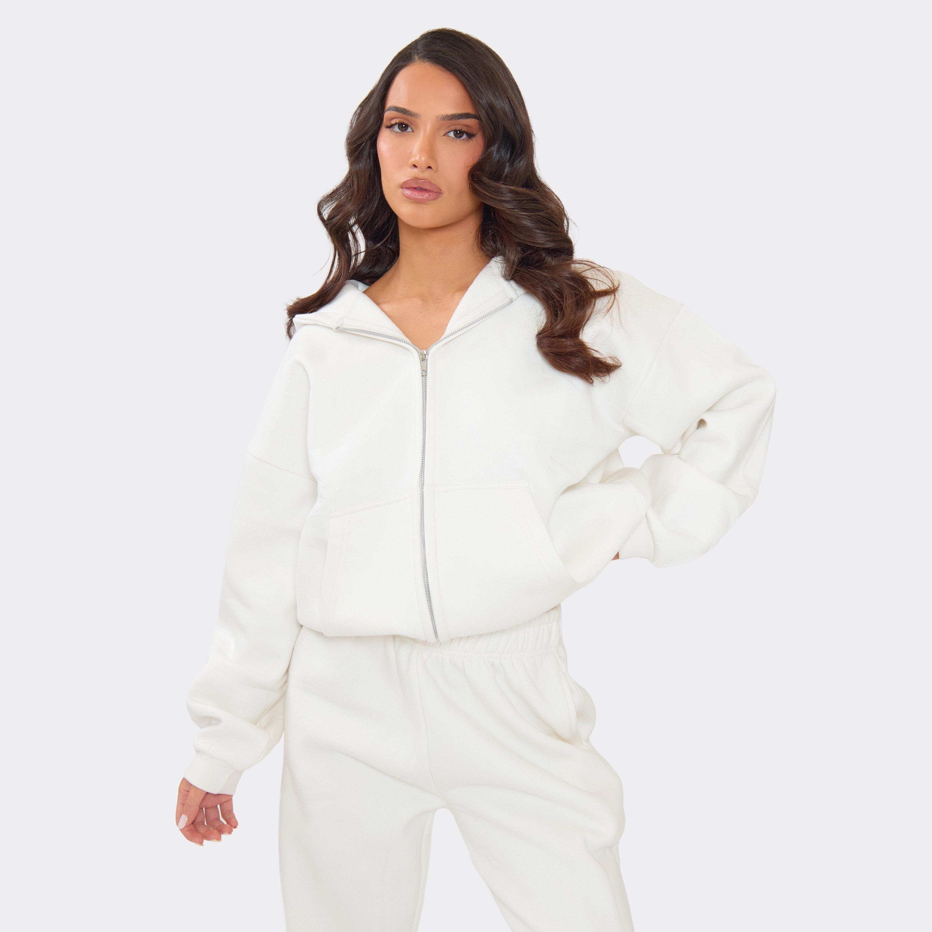 EGO Long Sleeve Double Zip Up Oversized Hoodie In Cream, Women's Size UK 6