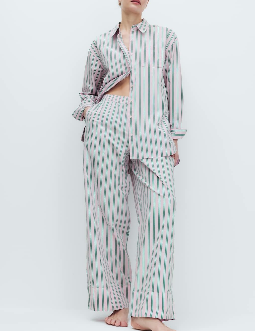 Marks & Spencer M&S Poplin Striped Wide Leg Pyjama Bottoms Blossom