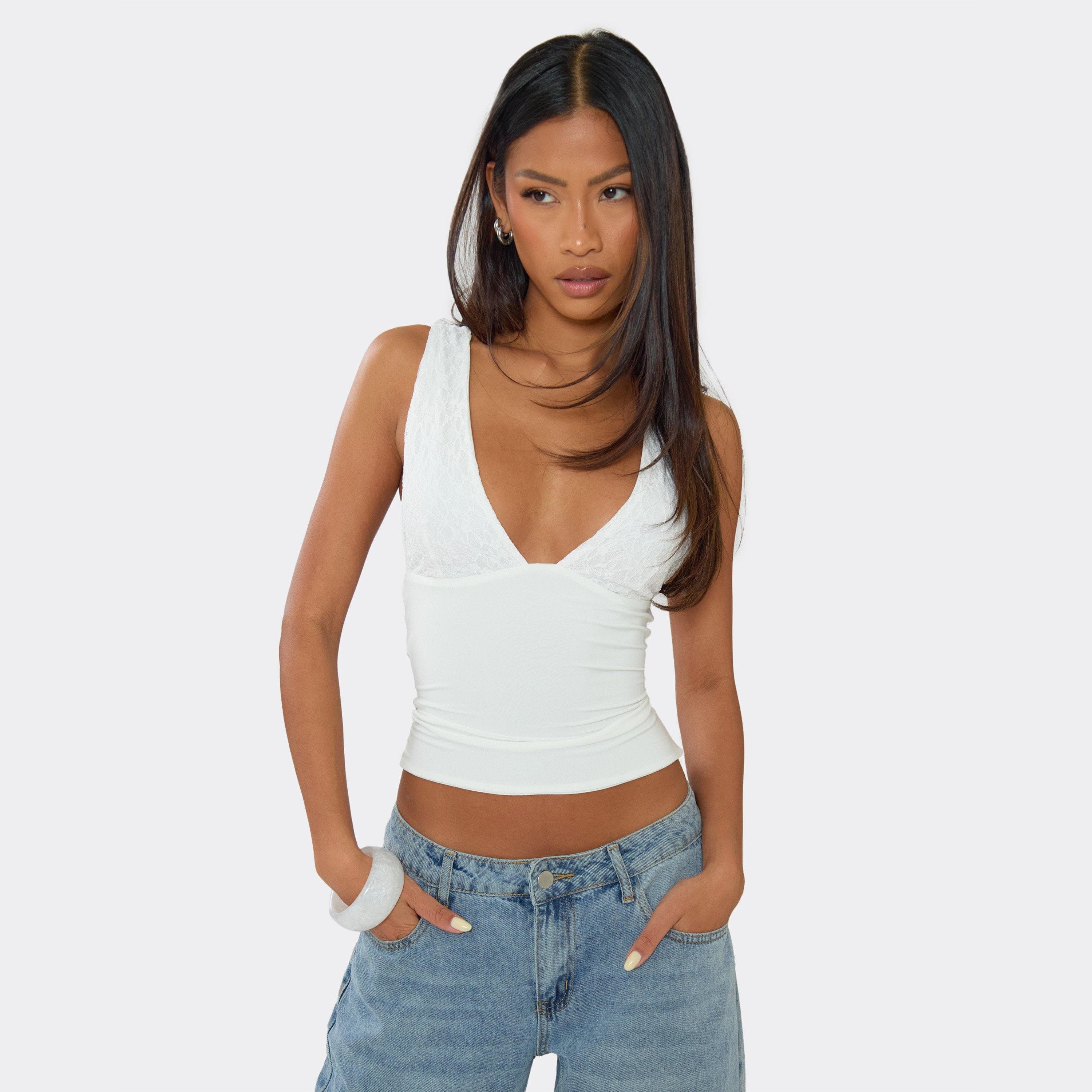 EGO Sleeveless Lace Cup Detail Vest Top In White, Women's Size UK 8