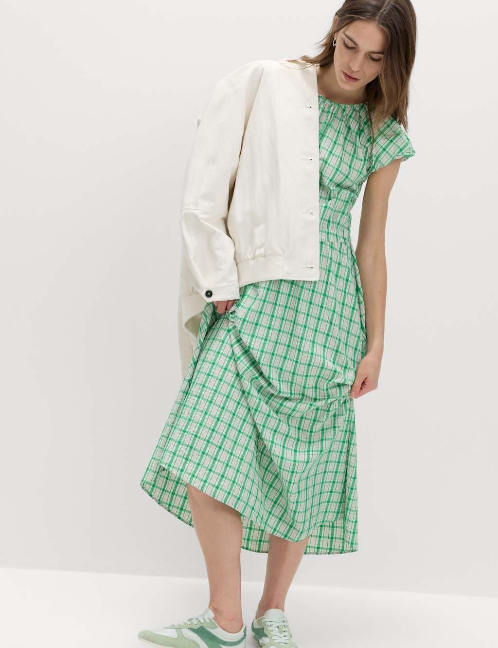 Marks & Spencer M&S Gingham Puff Sleeve Midi Waisted Dress Green Mix