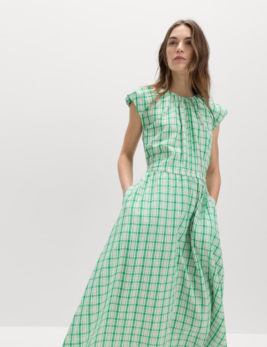 Marks & Spencer M&S Gingham Puff Sleeve Midi Waisted Dress Green Mix - 2