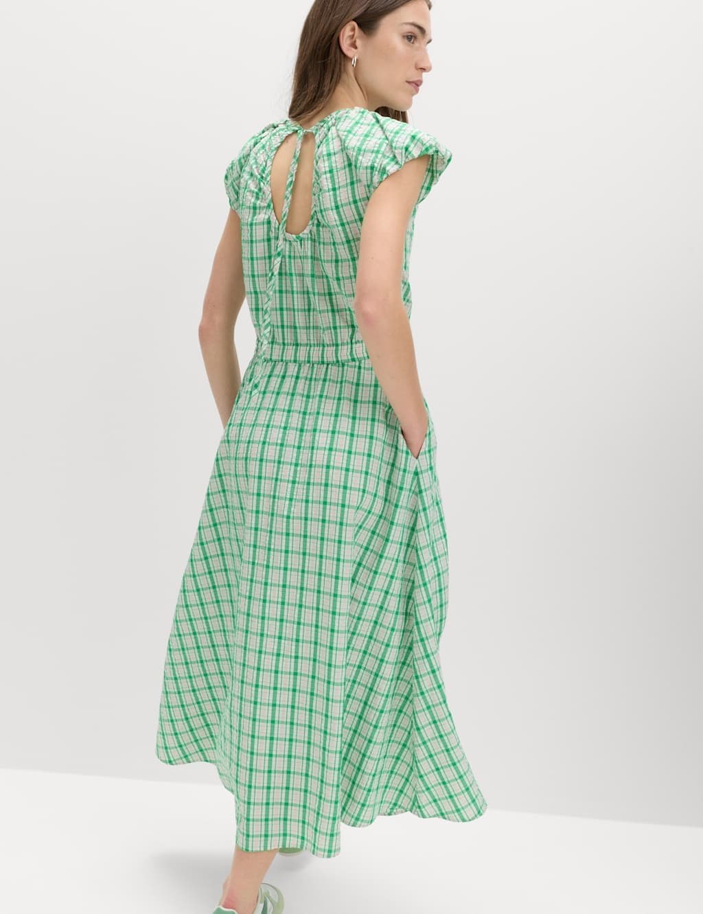 Marks & Spencer M&S Gingham Puff Sleeve Midi Waisted Dress Green Mix - 3