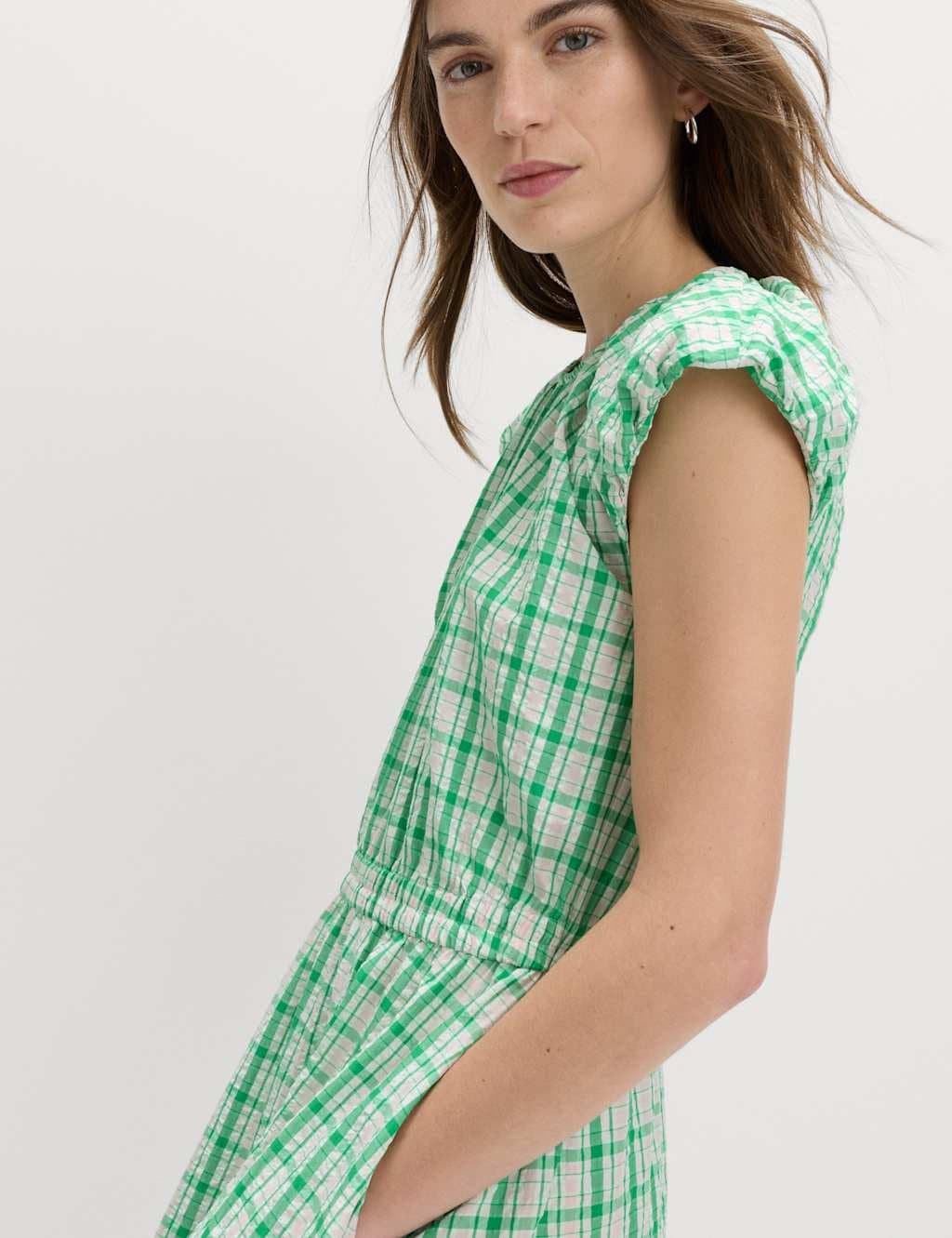 Marks & Spencer M&S Gingham Puff Sleeve Midi Waisted Dress Green Mix - 4