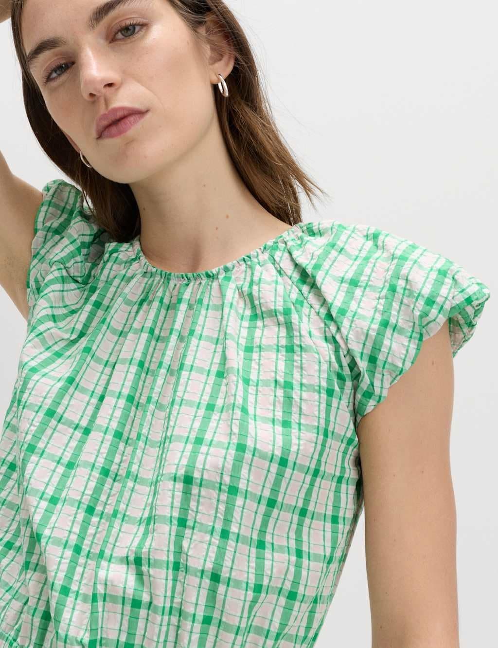 Marks & Spencer M&S Gingham Puff Sleeve Midi Waisted Dress Green Mix - 5