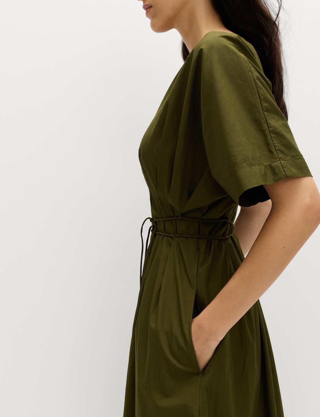 Marks & Spencer M&S Pure Cotton V-Neck Midi Waisted Dress Dark Khaki - 2