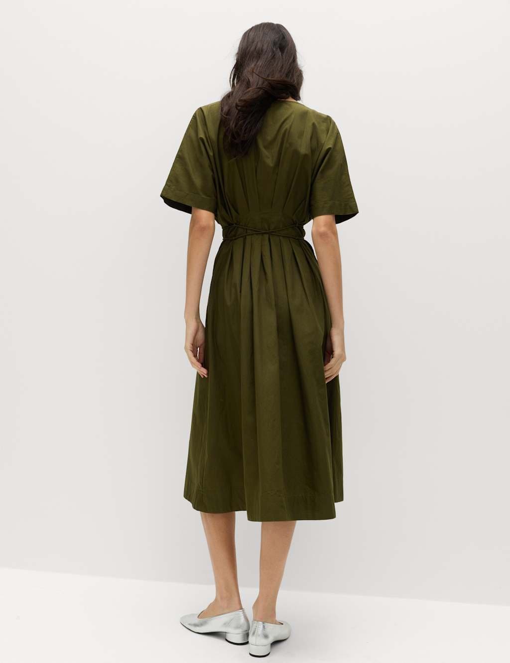 Marks & Spencer M&S Pure Cotton V-Neck Midi Waisted Dress Dark Khaki - 4