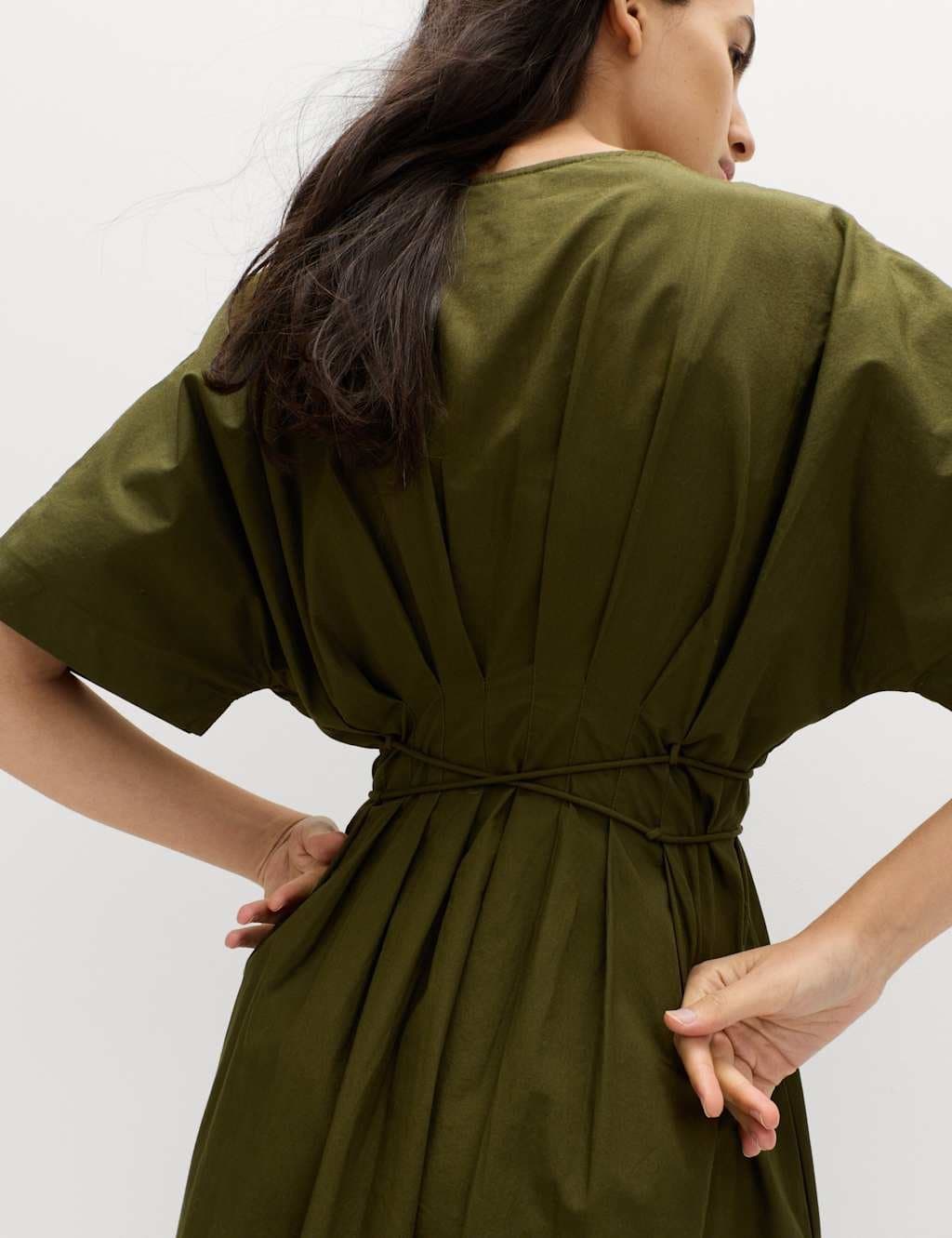 Marks & Spencer M&S Pure Cotton V-Neck Midi Waisted Dress Dark Khaki - 5