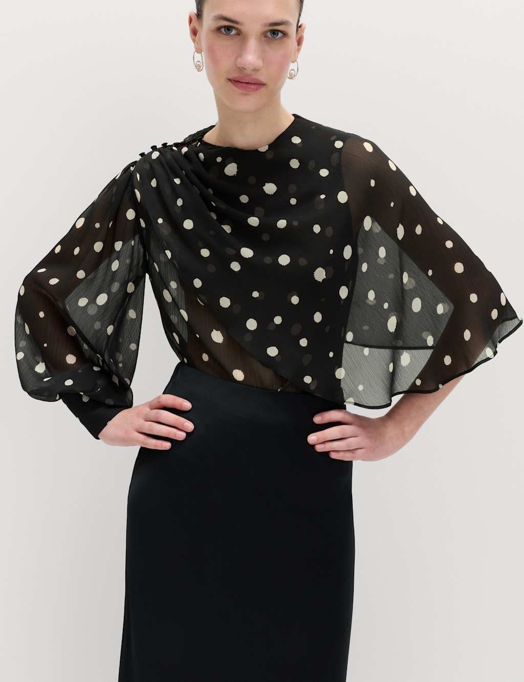 Marks & Spencer M&S Polka Dot Drape Detail Blouse Black Mix