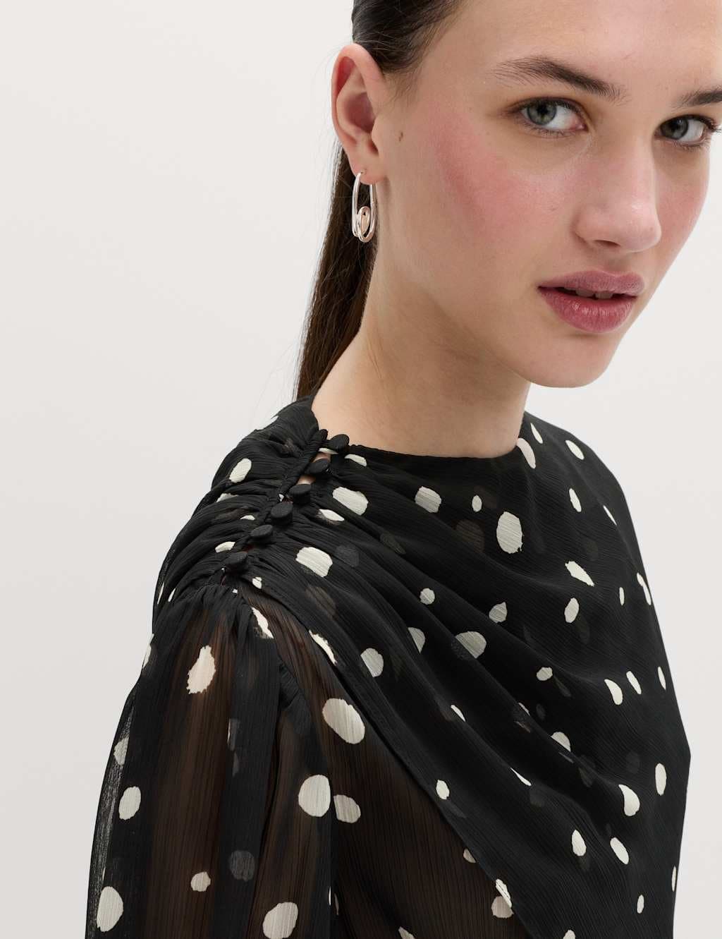 Marks & Spencer M&S Polka Dot Drape Detail Blouse Black Mix - 2