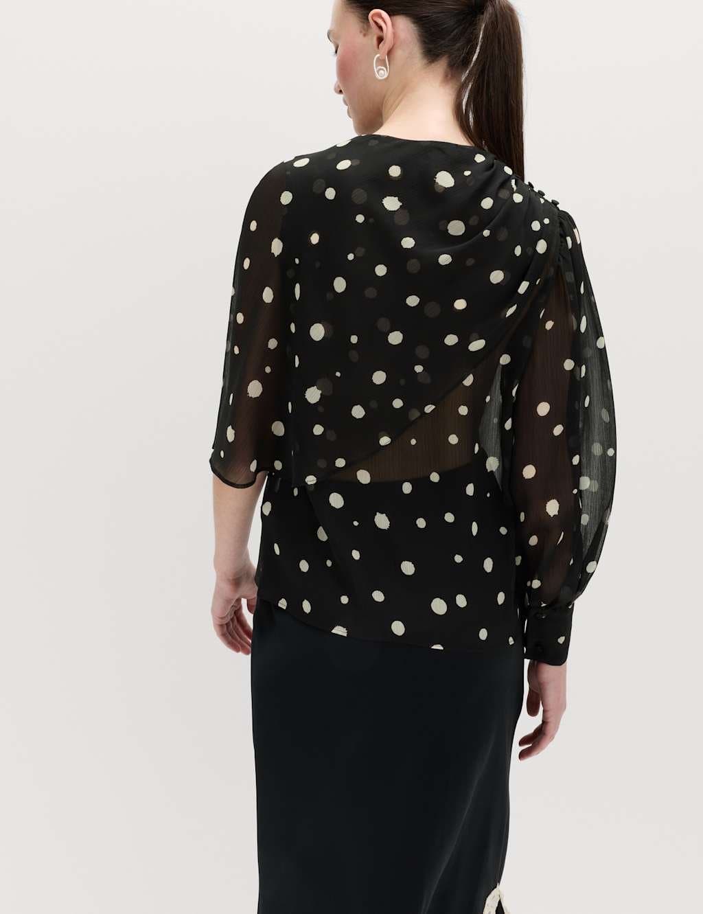 Marks & Spencer M&S Polka Dot Drape Detail Blouse Black Mix - 3