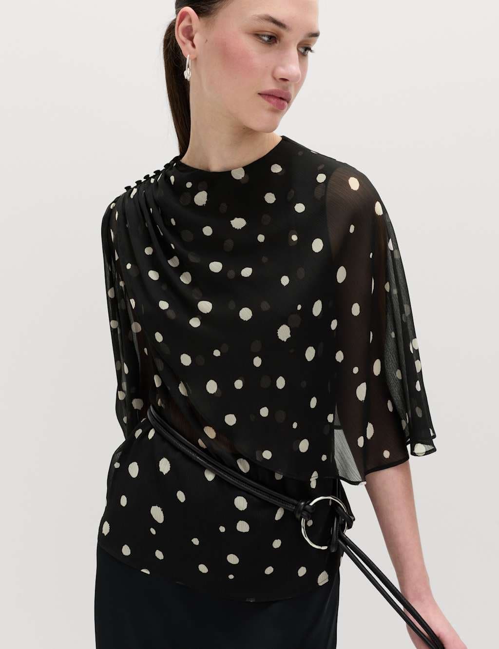 Marks & Spencer M&S Polka Dot Drape Detail Blouse Black Mix - 5