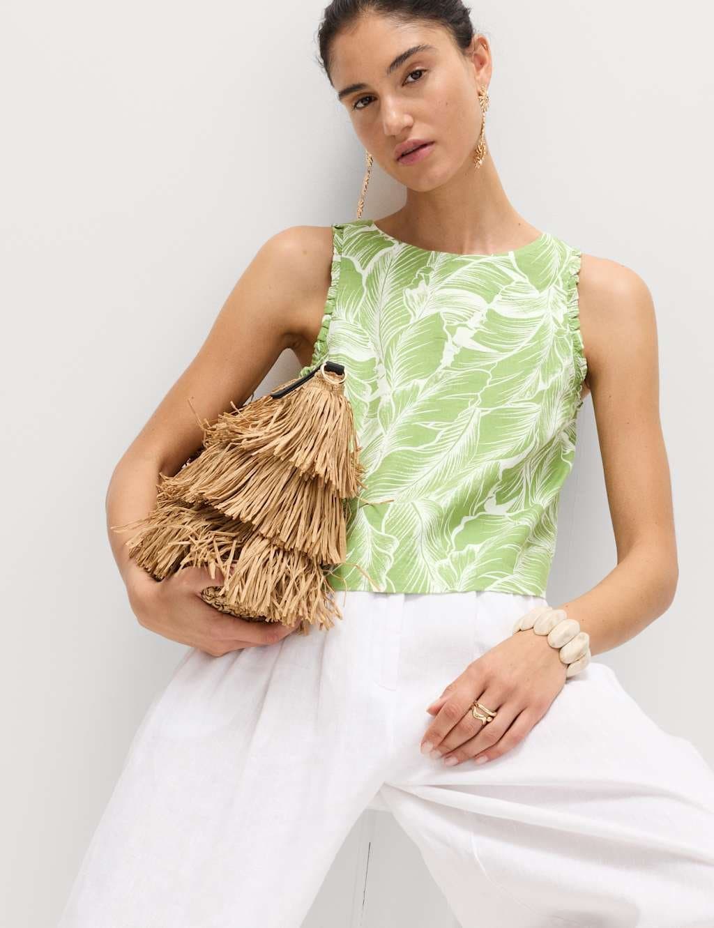 Marks & Spencer M&S Linen Rich Leaf Print Vest Top Green Mix