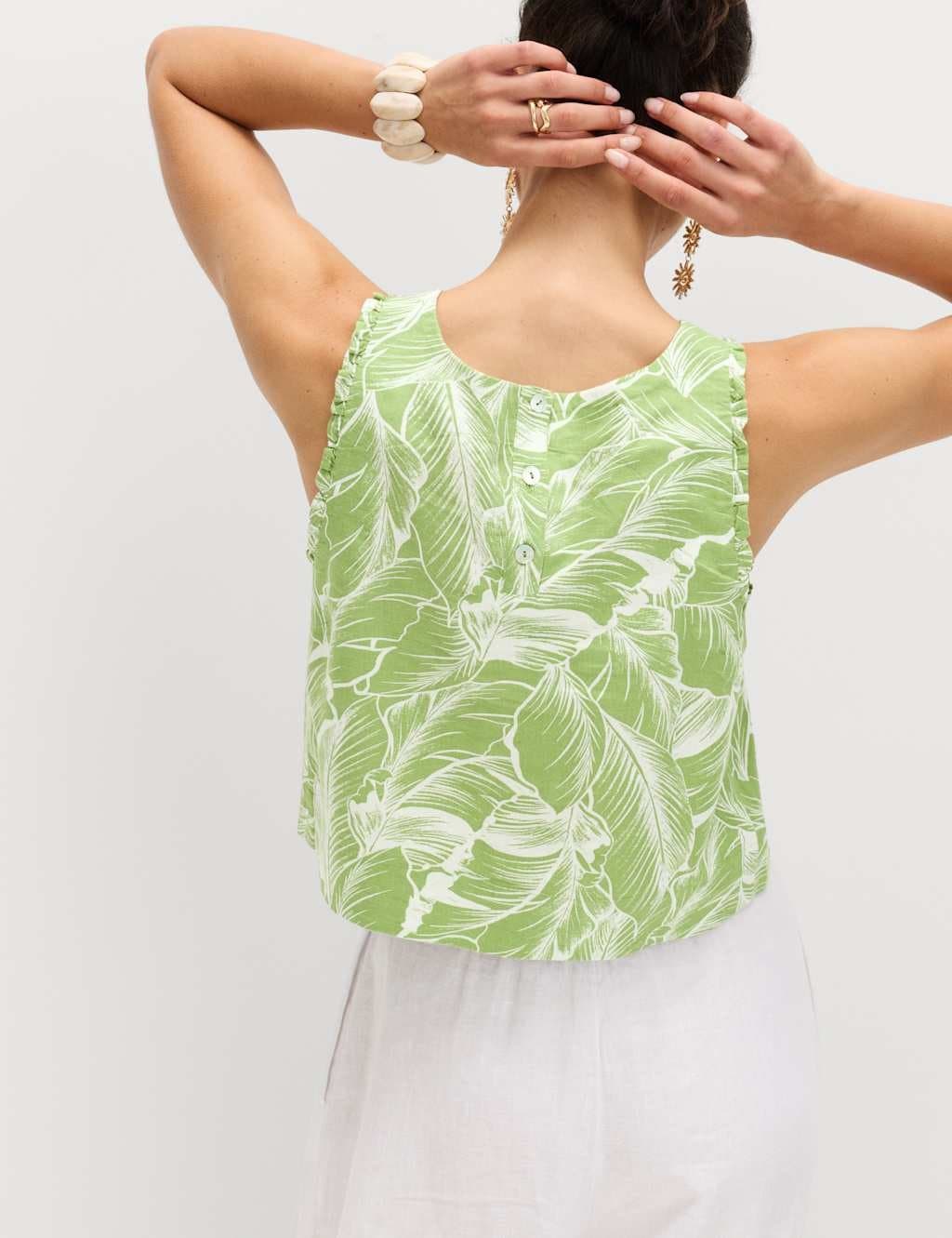 Marks & Spencer M&S Linen Rich Leaf Print Vest Top Green Mix - 3