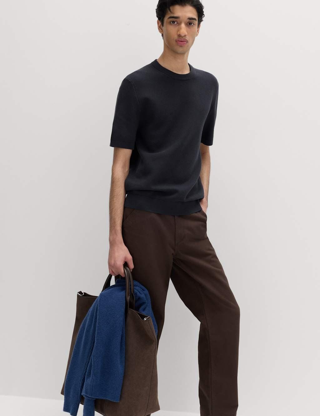 Marks & Spencer M&S Cotton Rich Textured Knitted T-Shirt Navy - 3