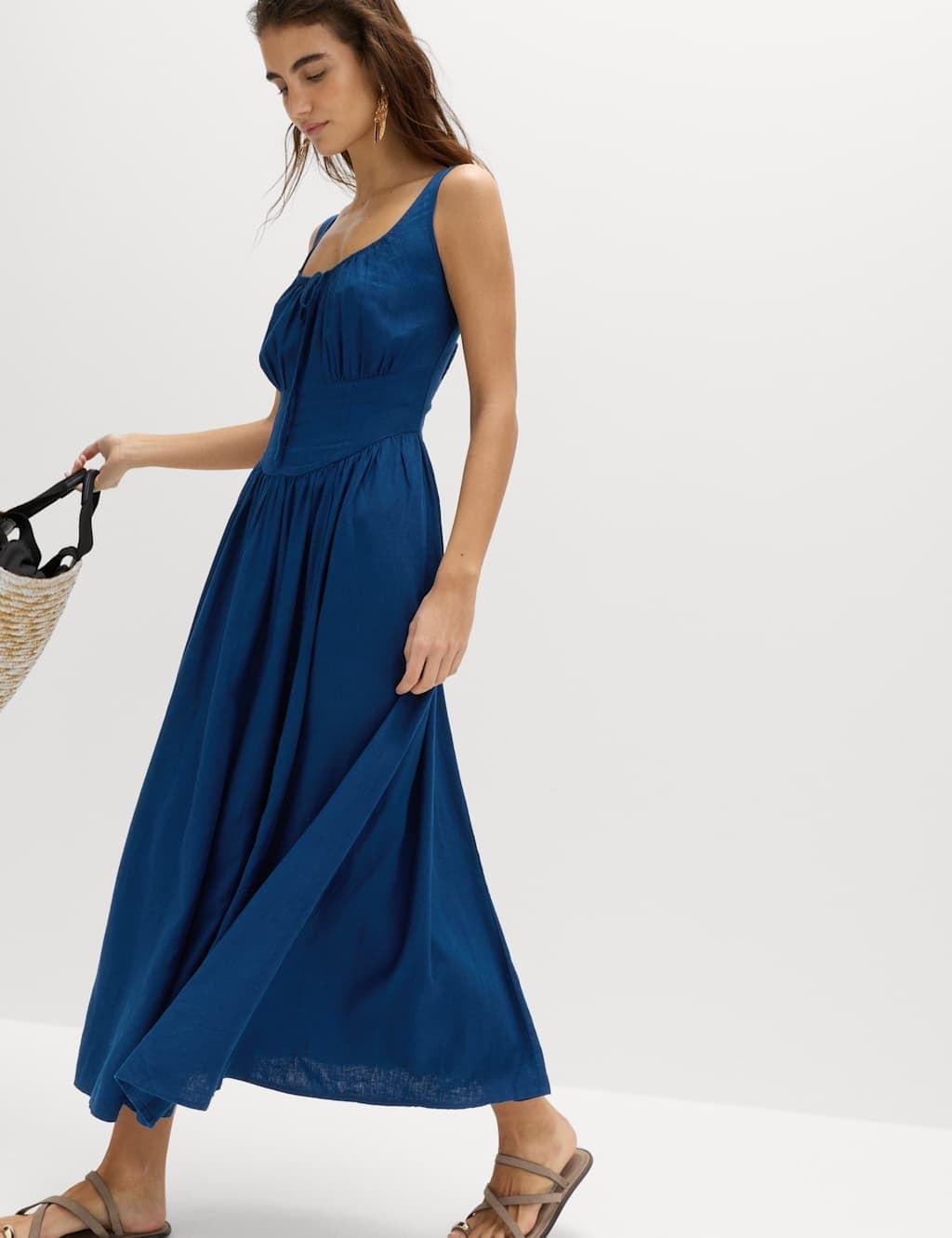 Marks & Spencer M&S Linen Rich Round Neck Strappy Midi Swing Dress Dark Marine
