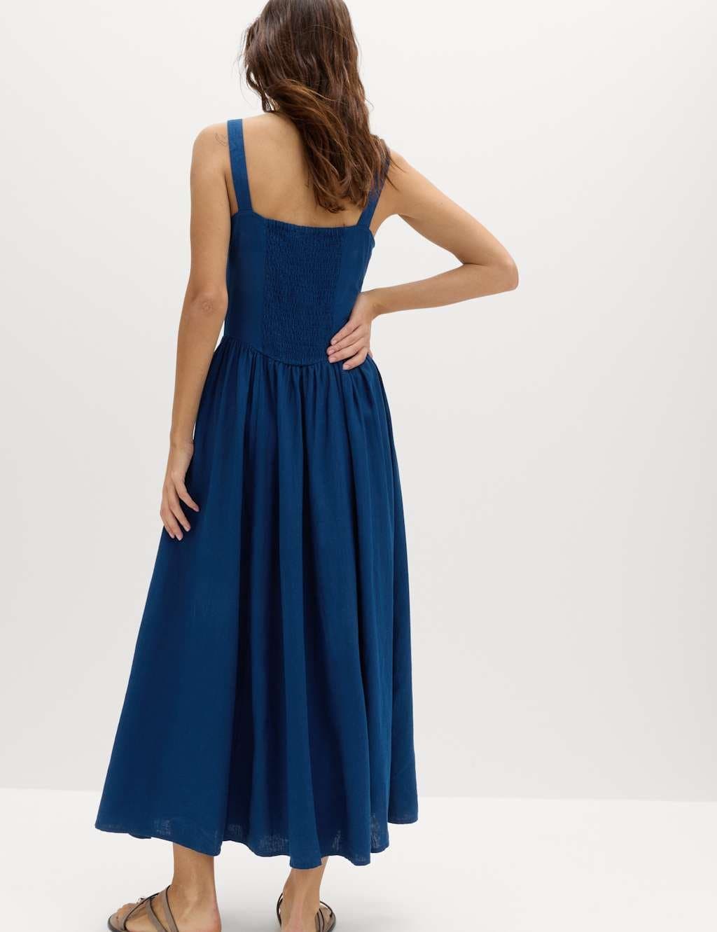 Marks & Spencer M&S Linen Rich Round Neck Strappy Midi Swing Dress Dark Marine - 3