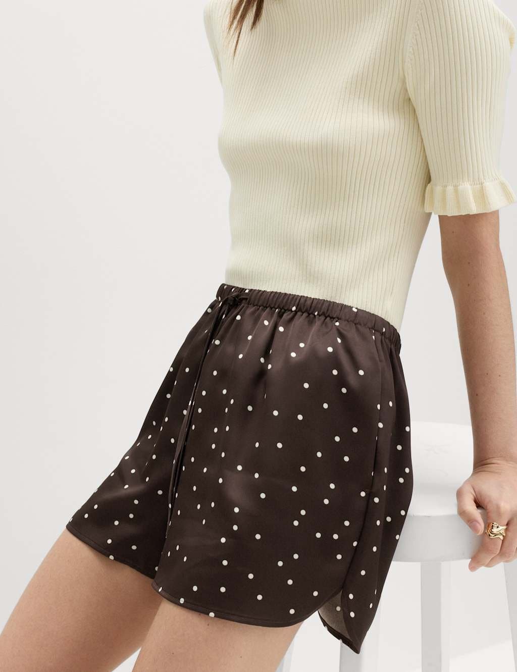 Marks & Spencer M&S Satin Polka Dot Printed Shorts Brown Mix - 4