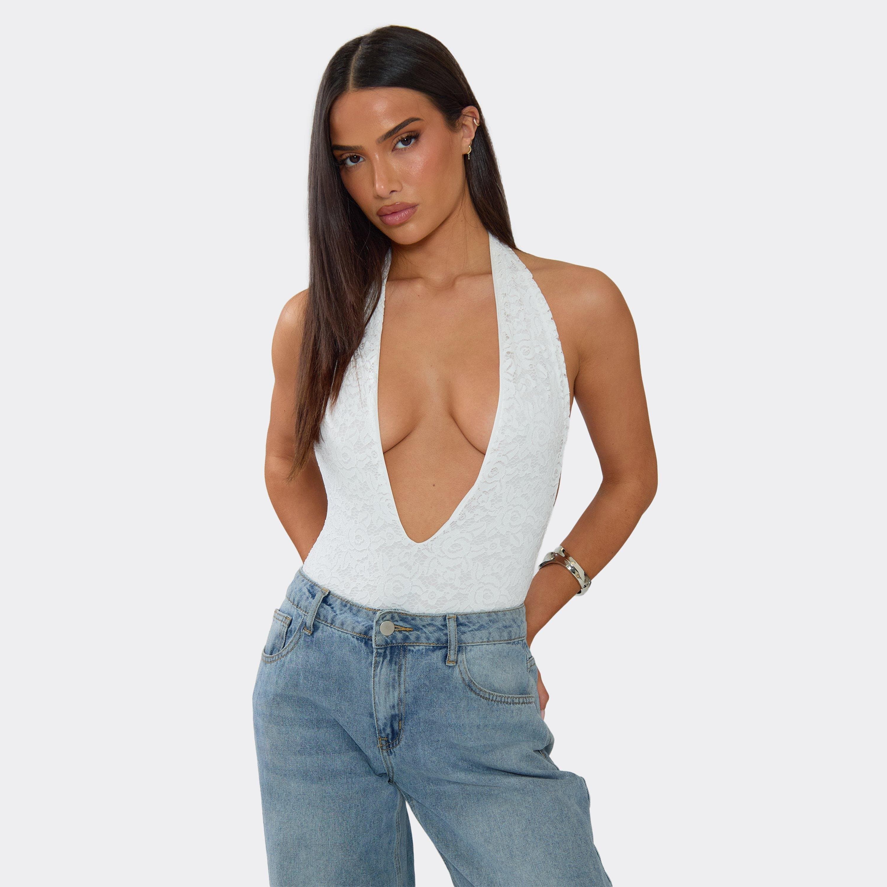 EGO Plunge Halterneck Bodysuit In White Lace, Women's Size UK 6