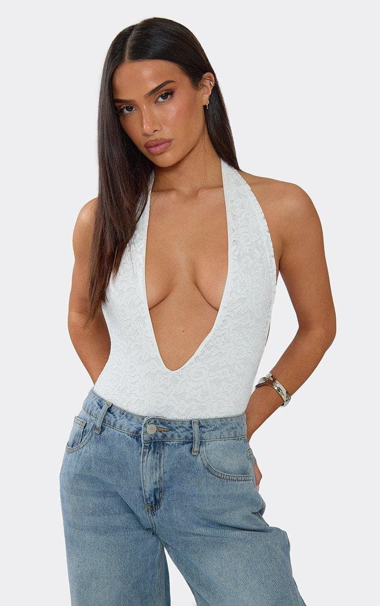 EGO Plunge Halterneck Bodysuit In White Lace, Women's Size UK 6 - 2