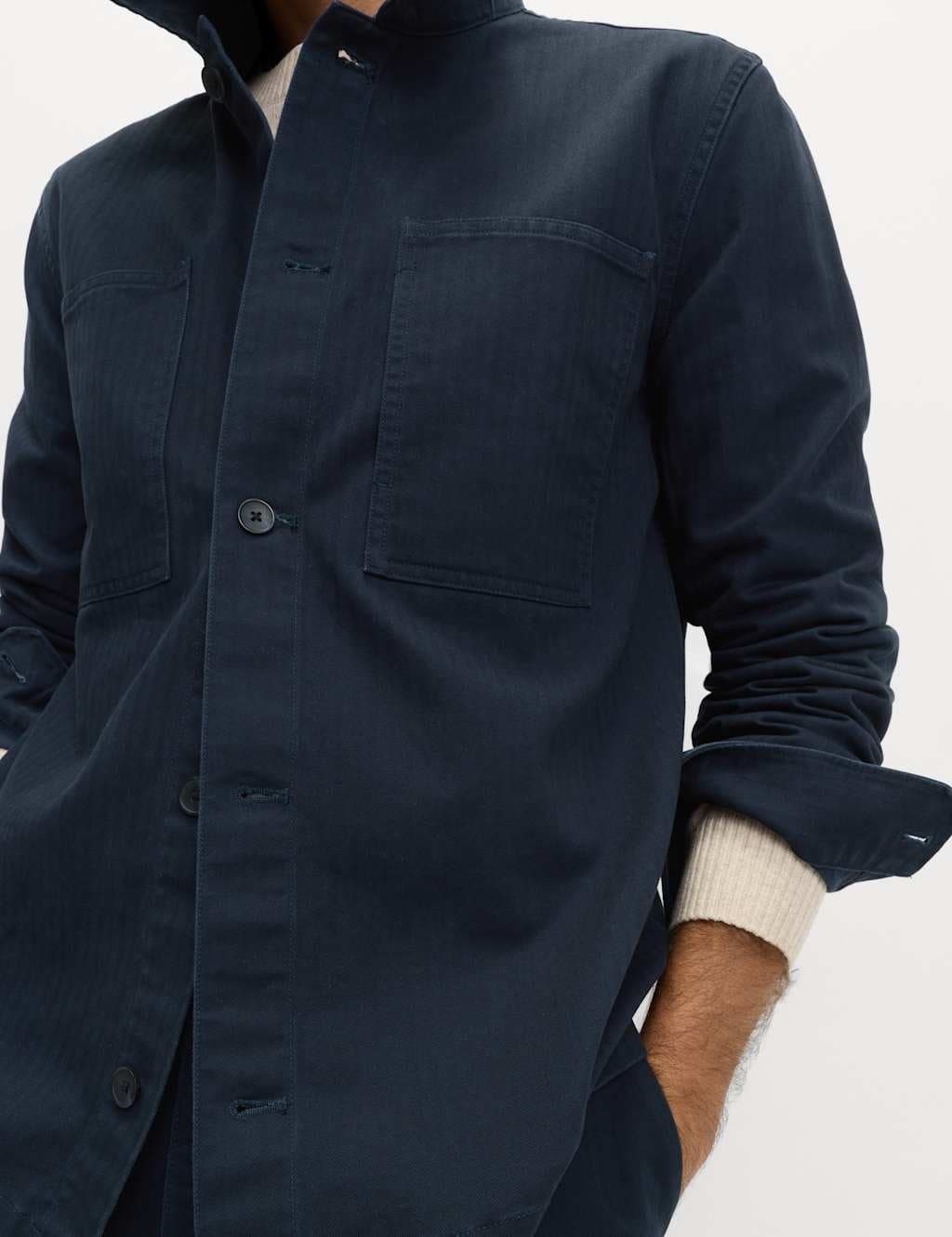 Marks & Spencer M&S Pure Cotton Herringbone Overshirt​ Dark Navy - 4